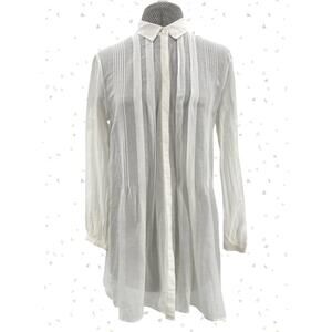 Burberry Brit Sheer Blouse Pleated White Button Down Top Preppy Office Size S